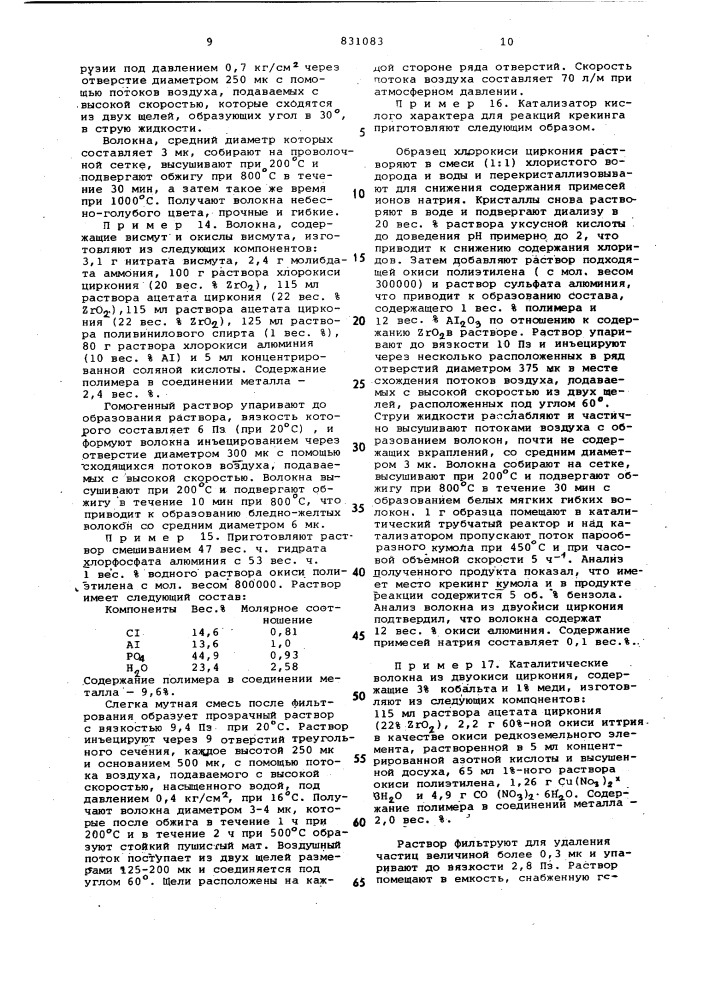 Способ получения тонких неорга-нических волокон (патент 831083)