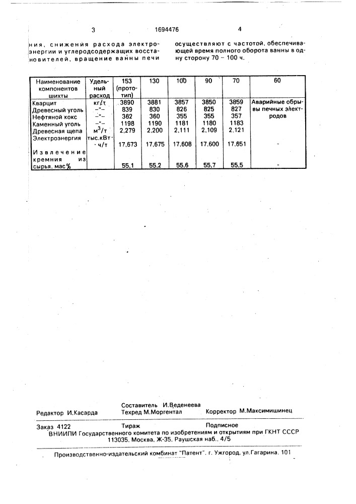 Способ выплавки кремния в рудно-термических печах (патент 1694476)