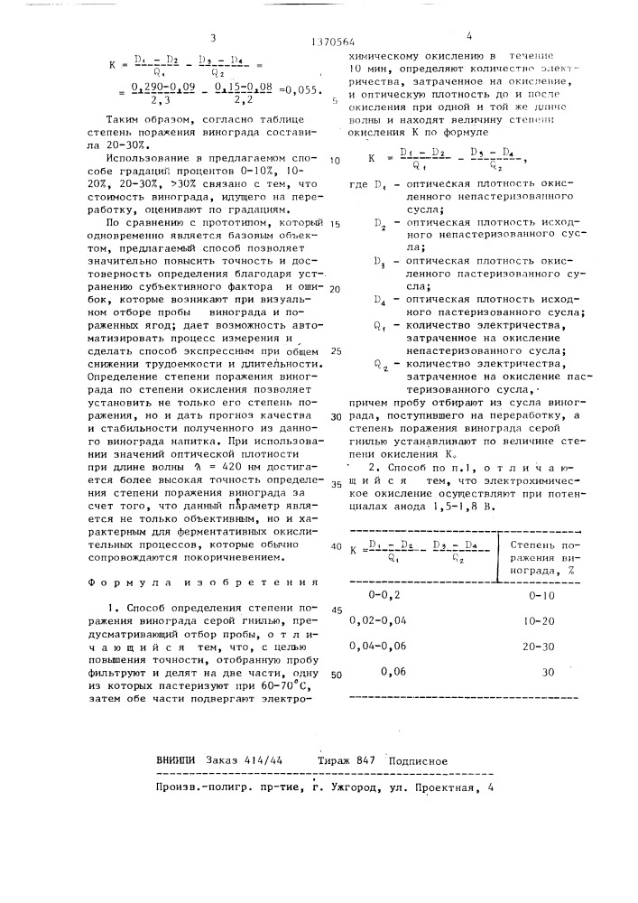 Способ определения степени поражения винограда серой гнилью (патент 1370564)