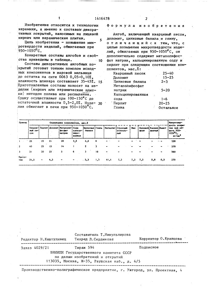 Ангоб (патент 1416478)