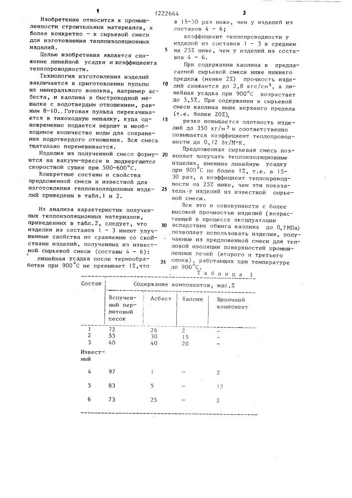 Сырьевая смесь для изготовления теплоизоляционных изделий (патент 1222664)