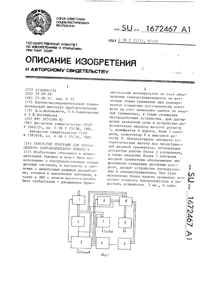 Генератор программ для управляемого синтаксического контроля (патент 1672467)