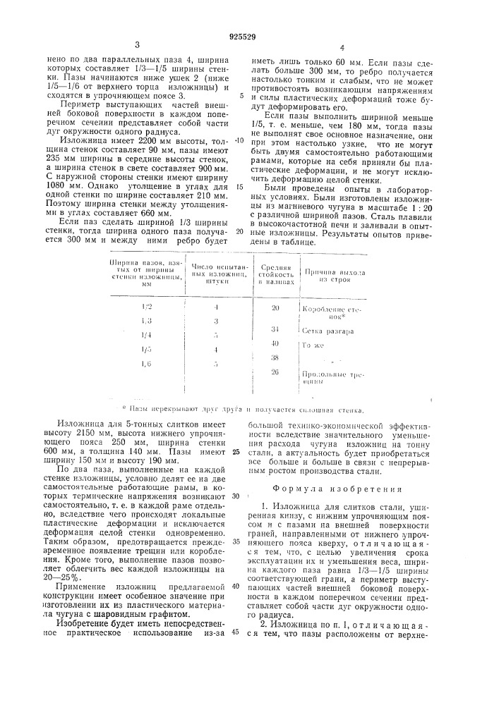 Изложница для слитков стали (патент 925529)
