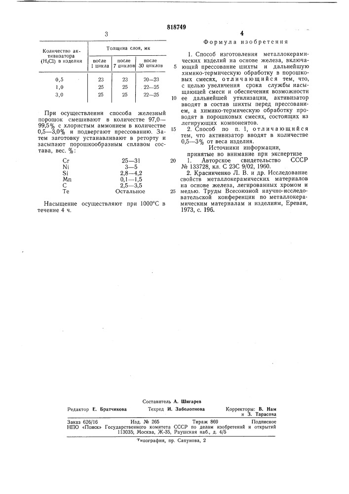 Способ изготовления металлокерами-ческих изделий ha ochobe железа (патент 818749)