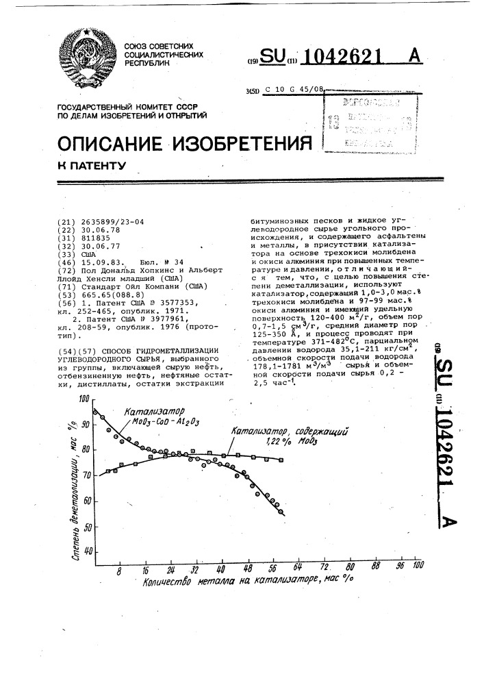 Способ гидродеметаллизации углеводородного сырья (патент 1042621)