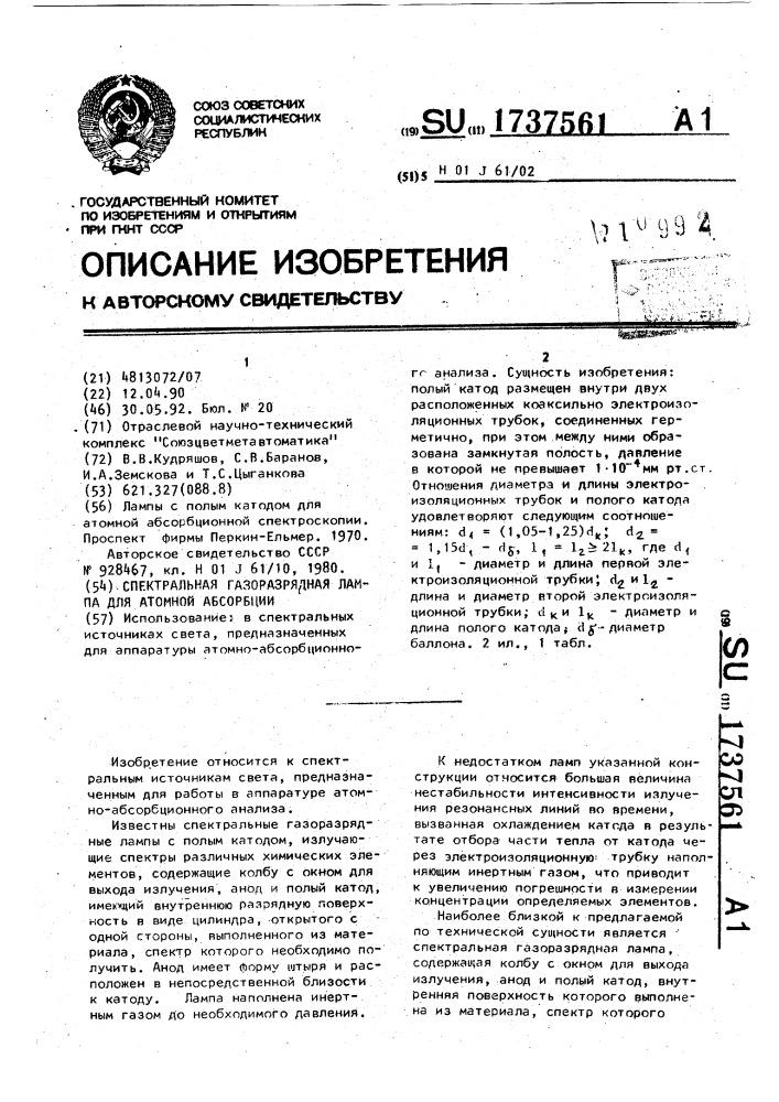Спектральная газоразрядная лампа для атомной абсорбции (патент 1737561)