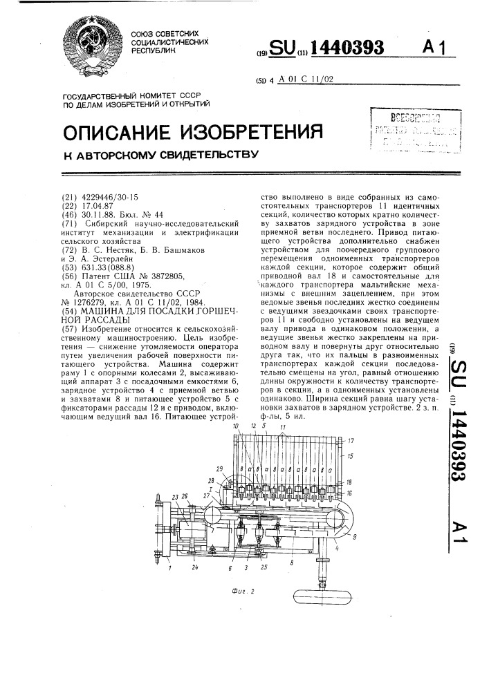 Машина для посадки горшечной рассады (патент 1440393)