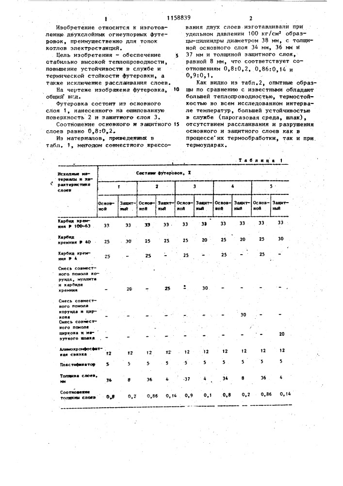 Двухслойная огнеупорная футеровка (патент 1158839)