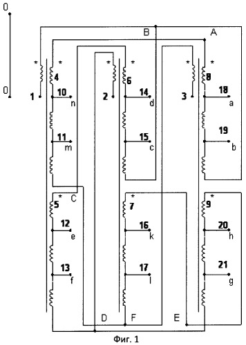 Двенадцатифазный понижающий автотрансформаторный преобразователь числа фаз (патент 2526093)