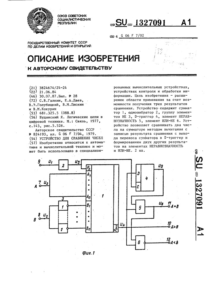 Устройство для сравнения чисел (патент 1327091)