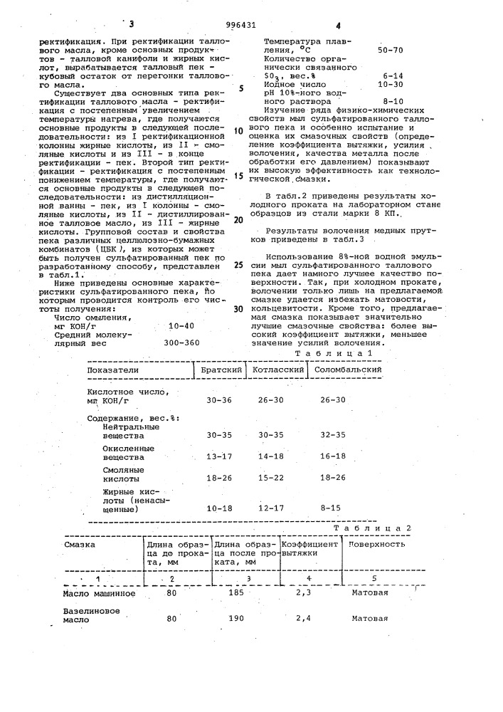 Смазка для холодной обработки металлов давлением (патент 996431)