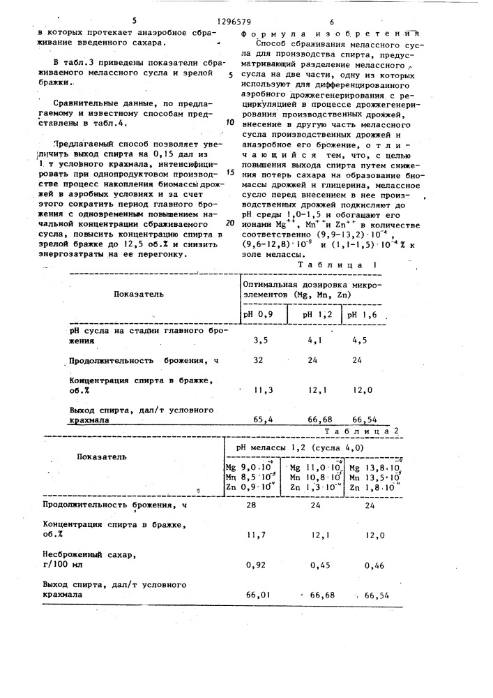 Способ сбраживания мелассного сусла для производства спирта (патент 1296579)