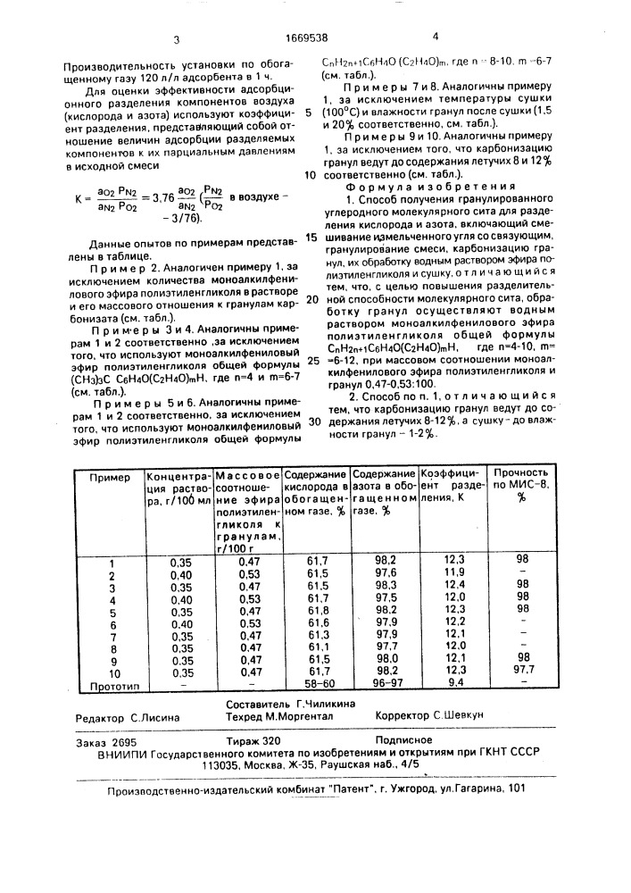 Способ получения гранулированного углеродного молекулярного сита для разделения кислорода и азота (патент 1669538)