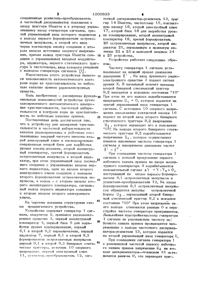 Устройство для измерения чувствительности и частотной избирательности каналов радиоприемника к побочным составляющим несущей частоты (патент 1000935)