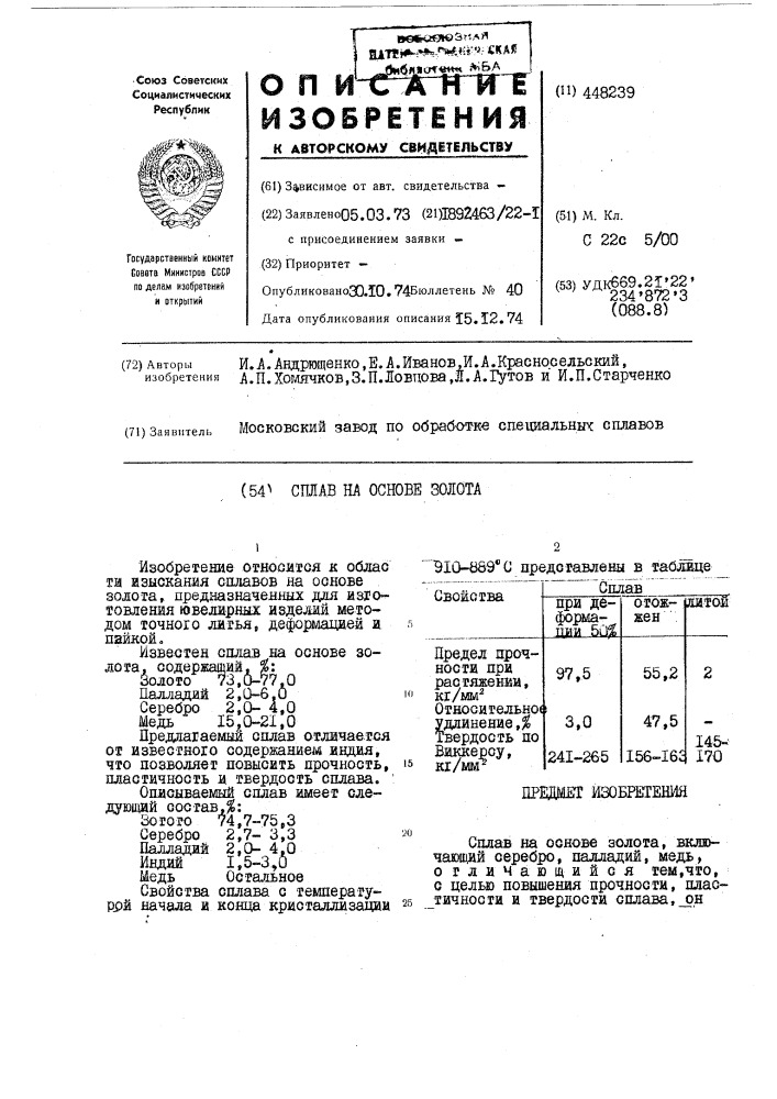 Сплав на основе золота (патент 448239)