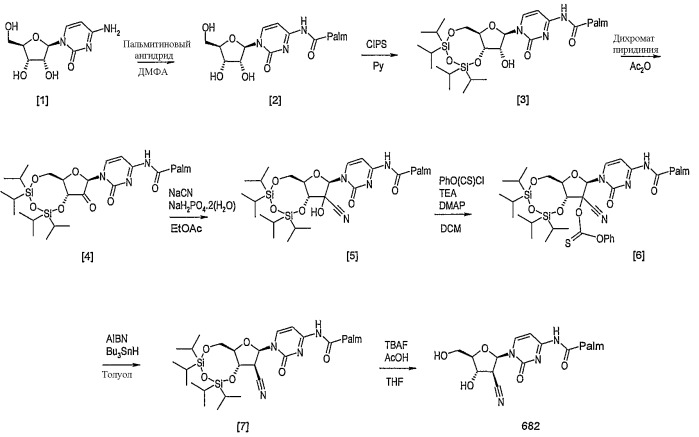 Получение промежуточных соединений, используемых в синтезе 2'-циано-2'-дезокси-n4-пальмитоил-1-бета-d-арабинофуранозилцитозина (патент 2509084)