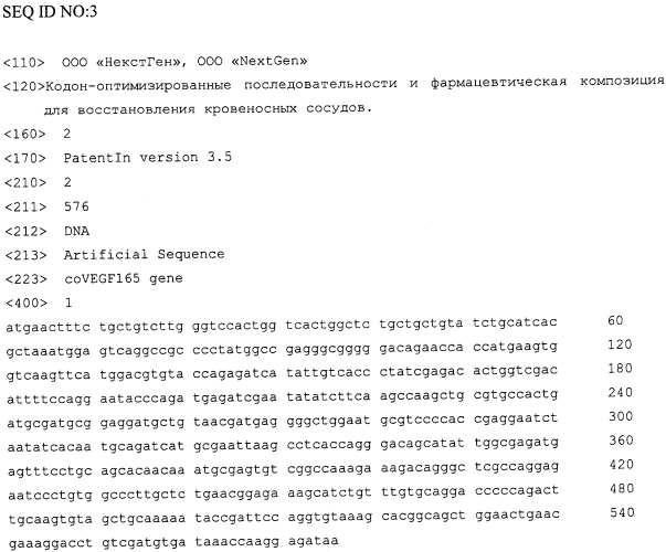 Кодон-оптимизированные последовательности и фармацевтическая композиция для восстановления кровеносных сосудов (патент 2557385)