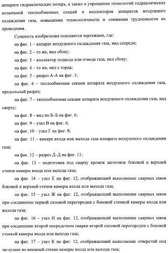 Способ изготовления аппарата воздушного охлаждения газа, способ изготовления теплообменной секции аппарата (варианты), способ изготовления камеры входа или выхода газа аппарата, способ гидравлических испытаний теплообменной секции аппарата и способ гидравлических испытаний коллектора подвода и отвода газа аппарата (патент 2364811)