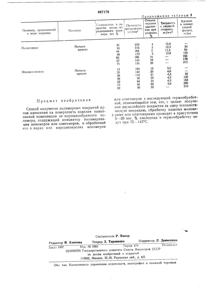 Способ получения полимерных покрытий (патент 497176)