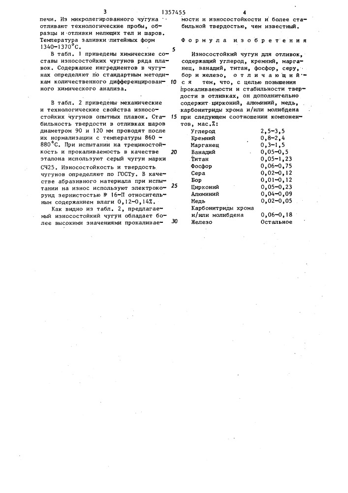 Износостойкий чугун для отливок (патент 1357455)