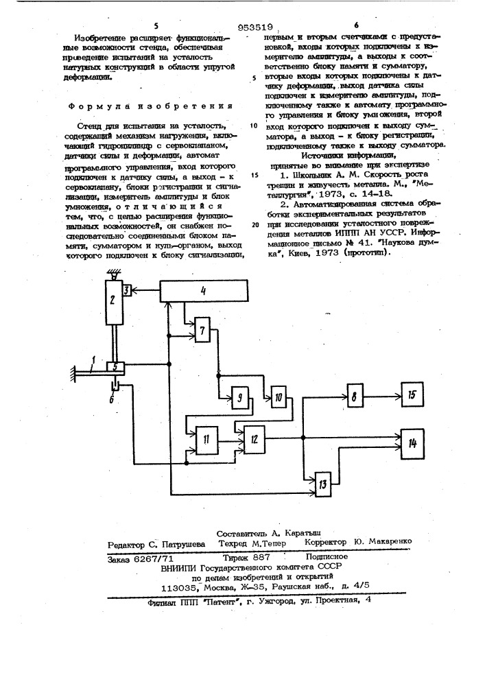 Стенд для испытания на усталость (патент 953519)