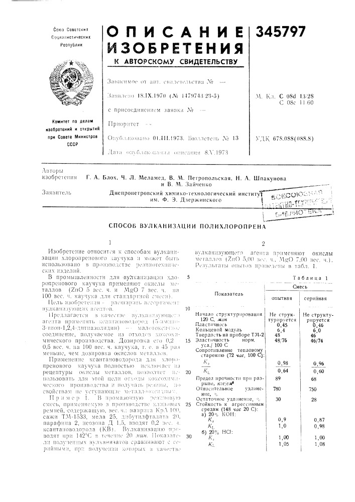 Способ вулканизации полихлоропрена (патент 345797)