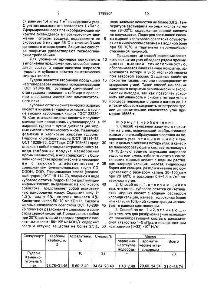 Способ нанесения защитного покрытия на уголь (патент 1799904)