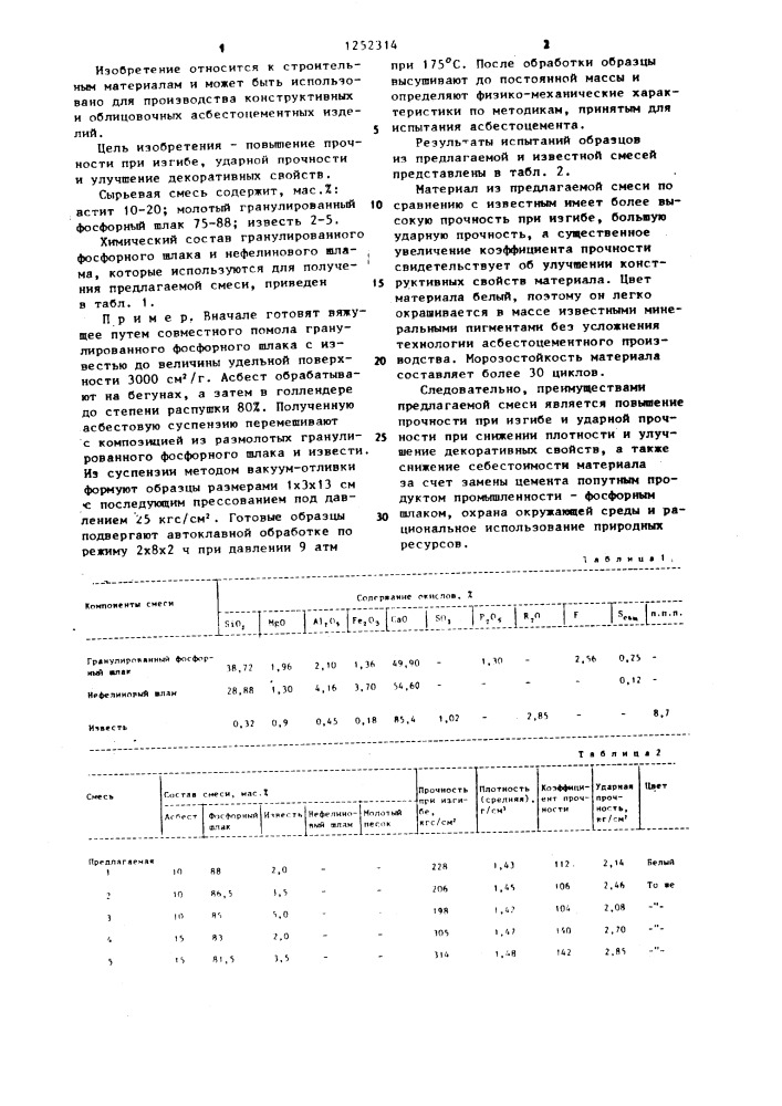 Сырьевая смесь для получения строительных изделий (патент 1252314)