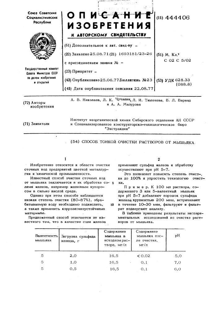 Способ тонкой очистки растворов от мышьяка (патент 444406)