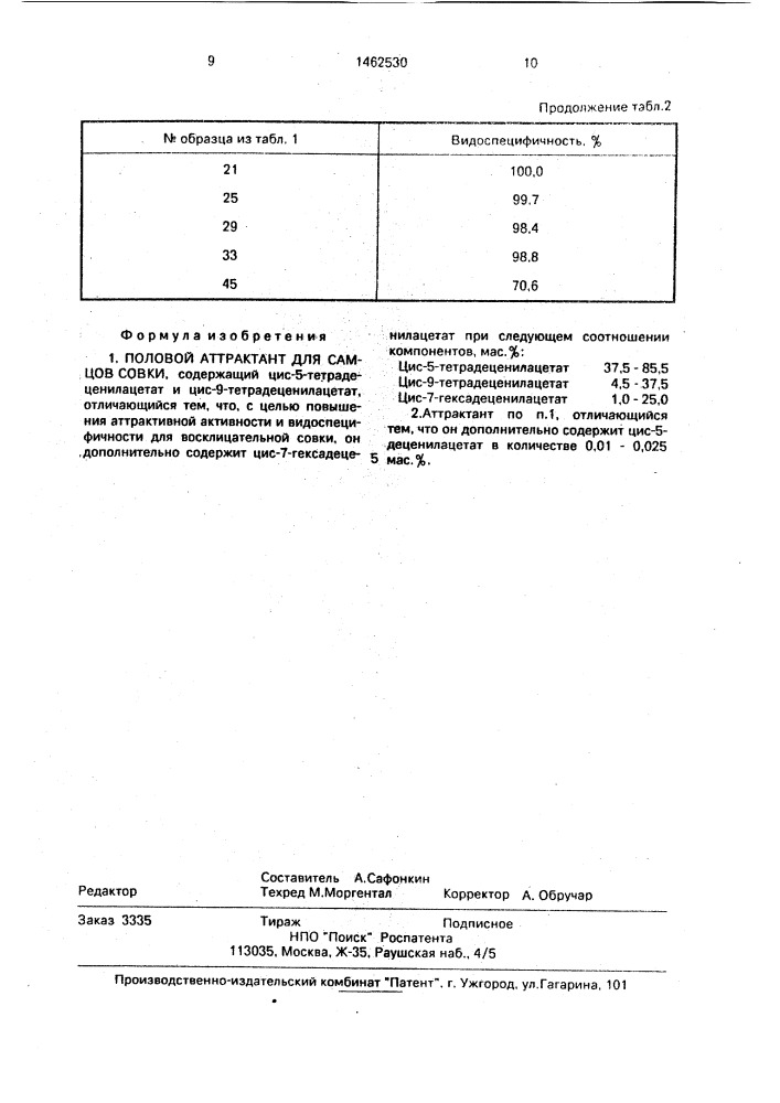 Половой аттрактант для самцов совки (патент 1462530)