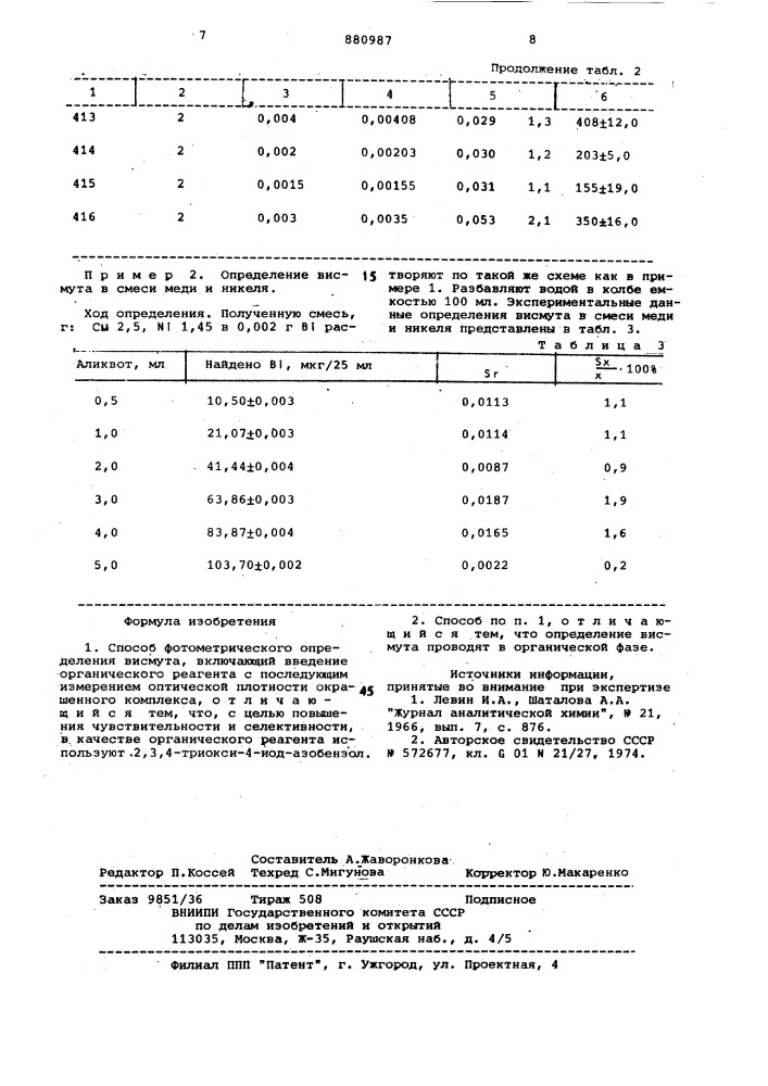 Способ фотометрического определения висмута (патент 880987)