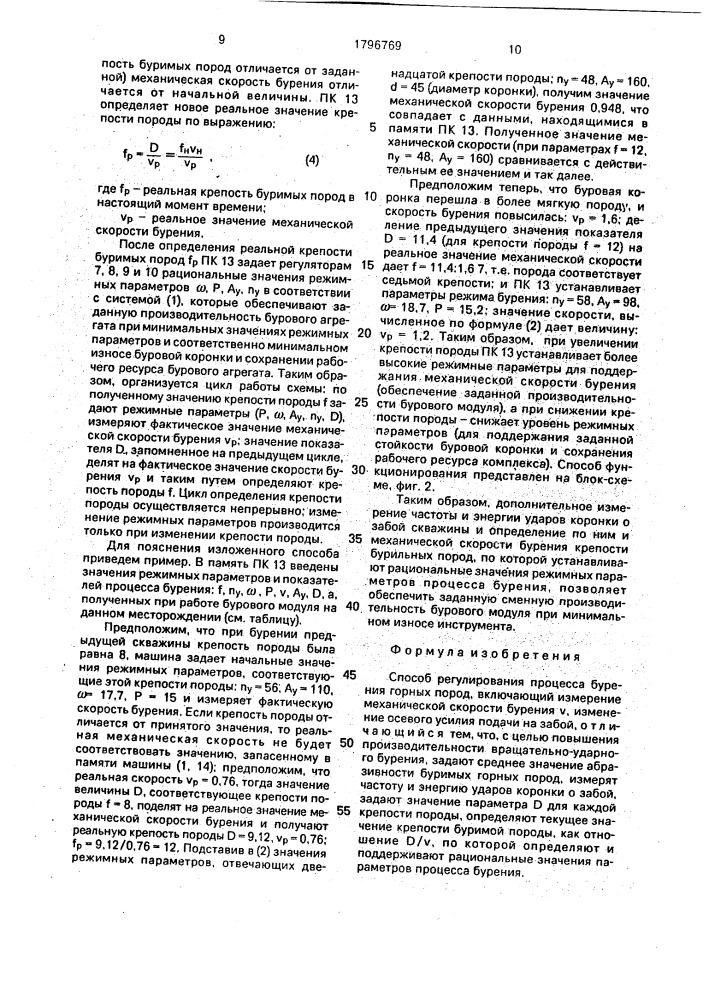 Способ регулирования процесса бурения горных пород (патент 1796769)