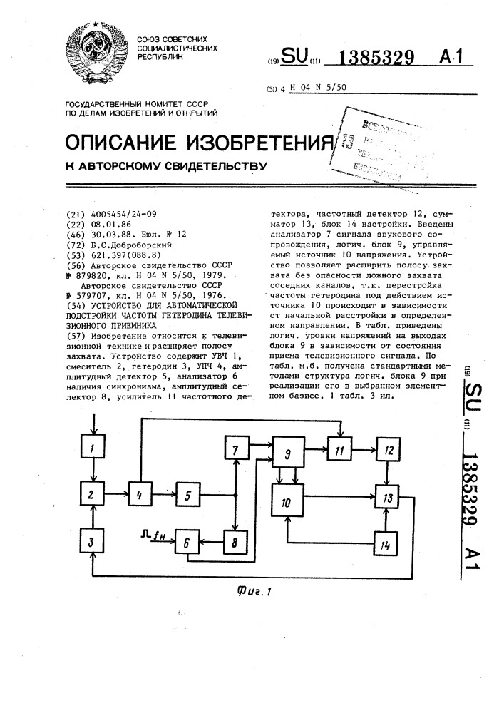 Устройство для автоматической подстройки частоты гетеродина телевизионного приемника (патент 1385329)