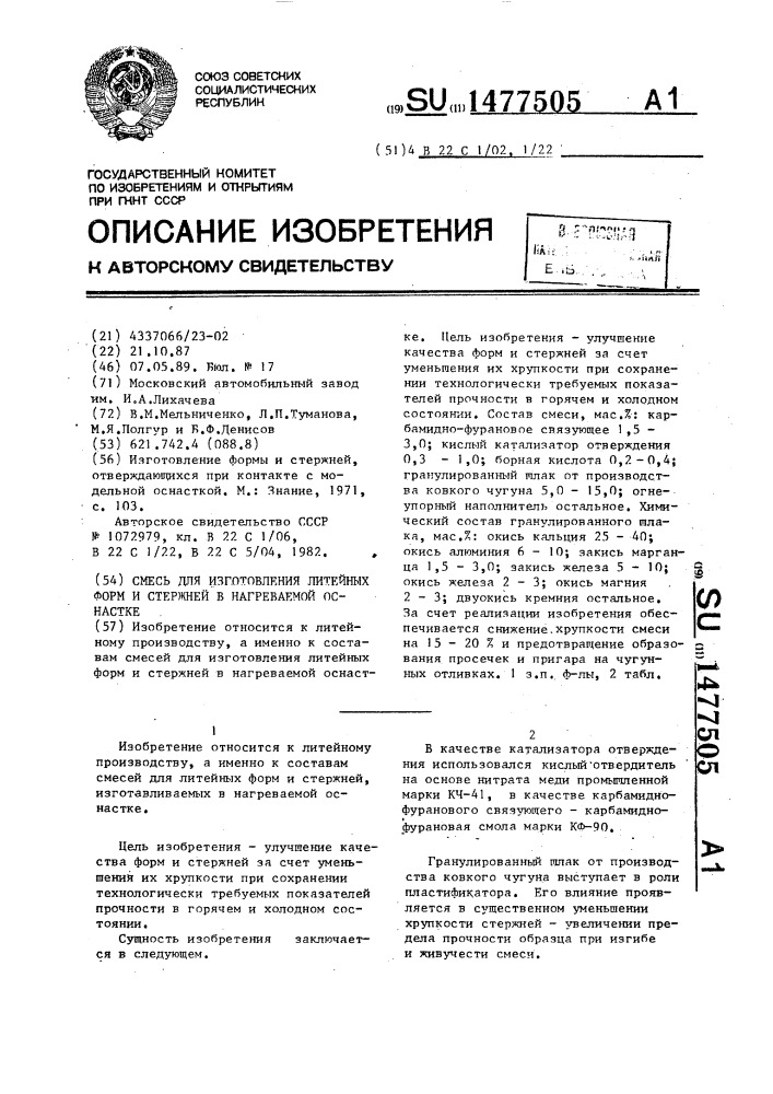 Смесь для изготовления литейных форм и стержней в нагреваемой оснастке (патент 1477505)