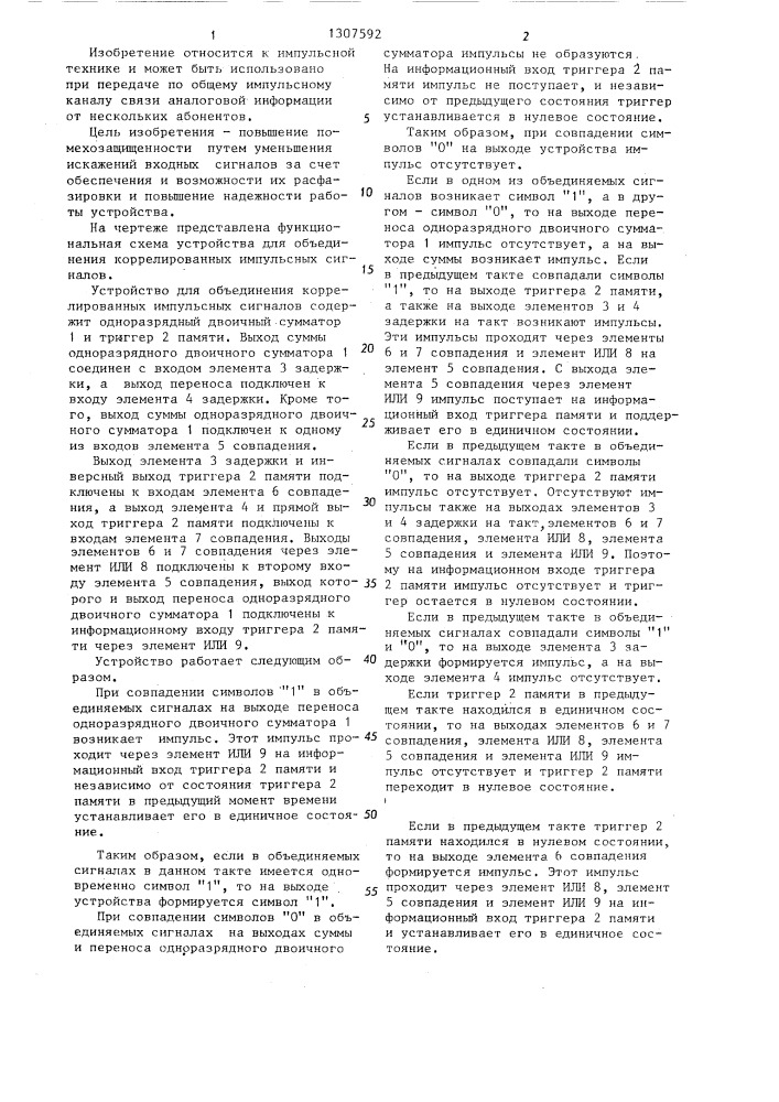 Устройство для объединения кореллированных импульсных сигналов (патент 1307592)