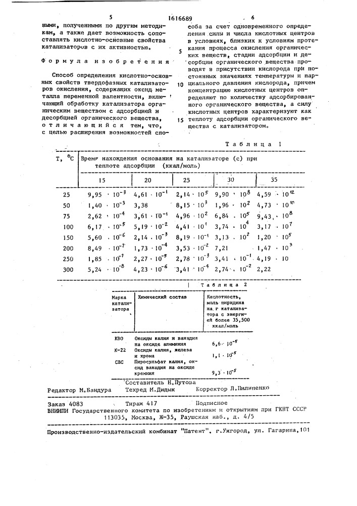 Способ определения кислотно-основных свойств твердофазных катализаторов окисления (патент 1616689)