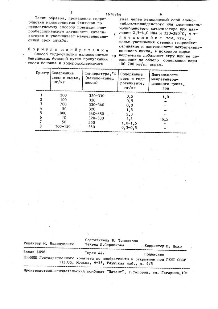 Способ гидроочистки малосернистых бензиновых фракций (патент 1616964)