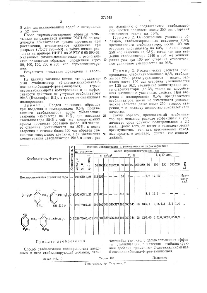Способ стабилизации полипропилена (патент 272545)