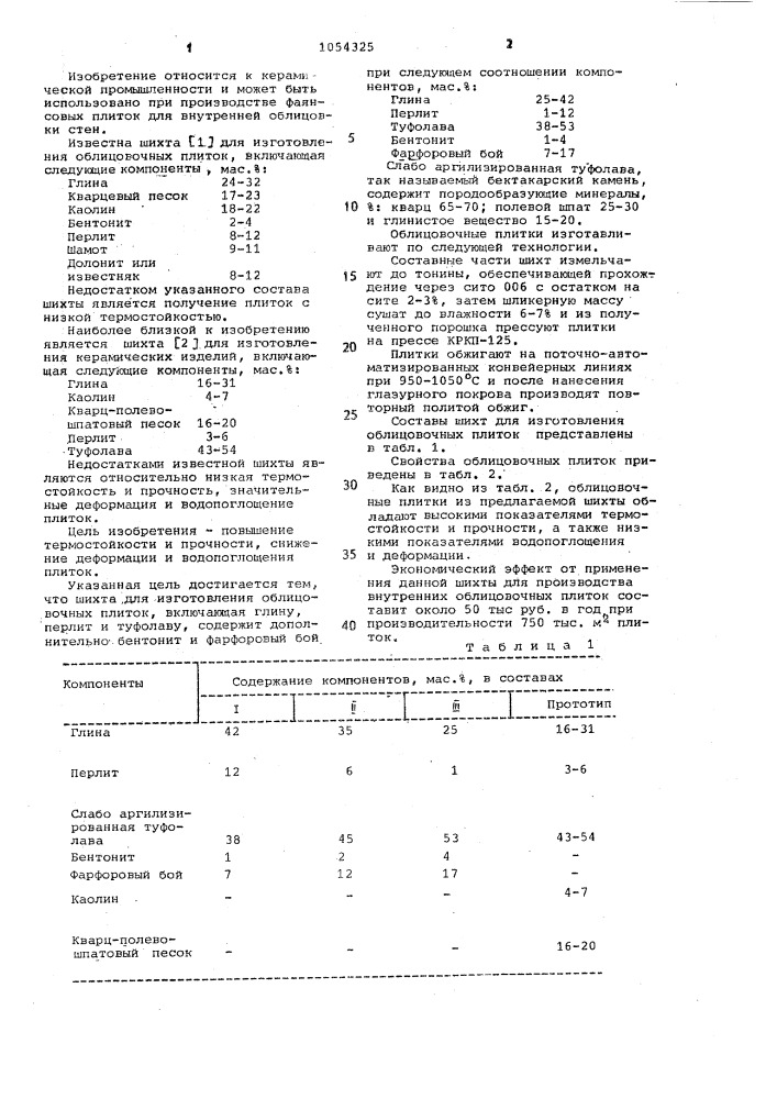 Шихта для изготовления облицовочных плиток (патент 1054325)