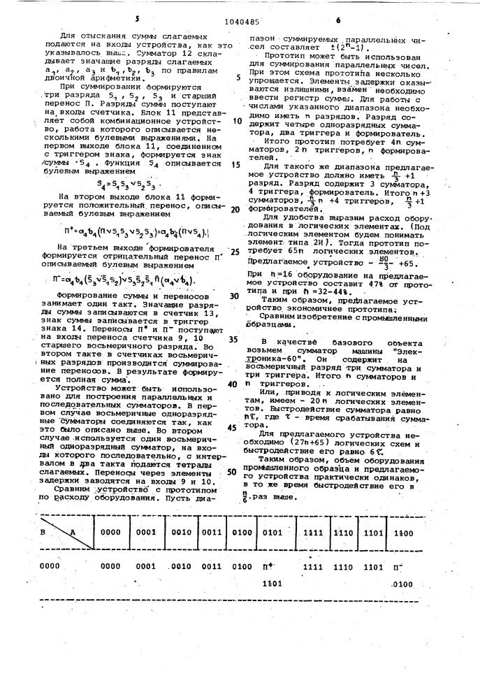 Устройство для сложения в избыточной восьмеричной системе счисления (патент 1040485)