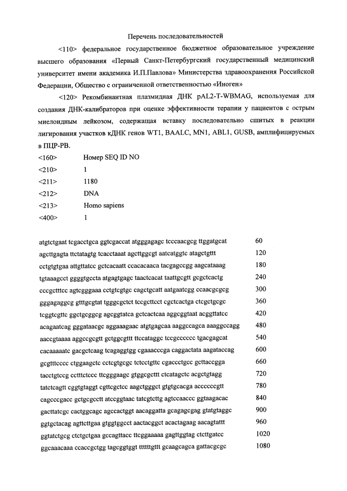 Рекомбинантная плазмидная днк pal2-t-wbmag, используемая для создания днк-калибраторов при оценке эффективности терапии у пациентов с острым миелоидным лейкозом (патент 2642315)