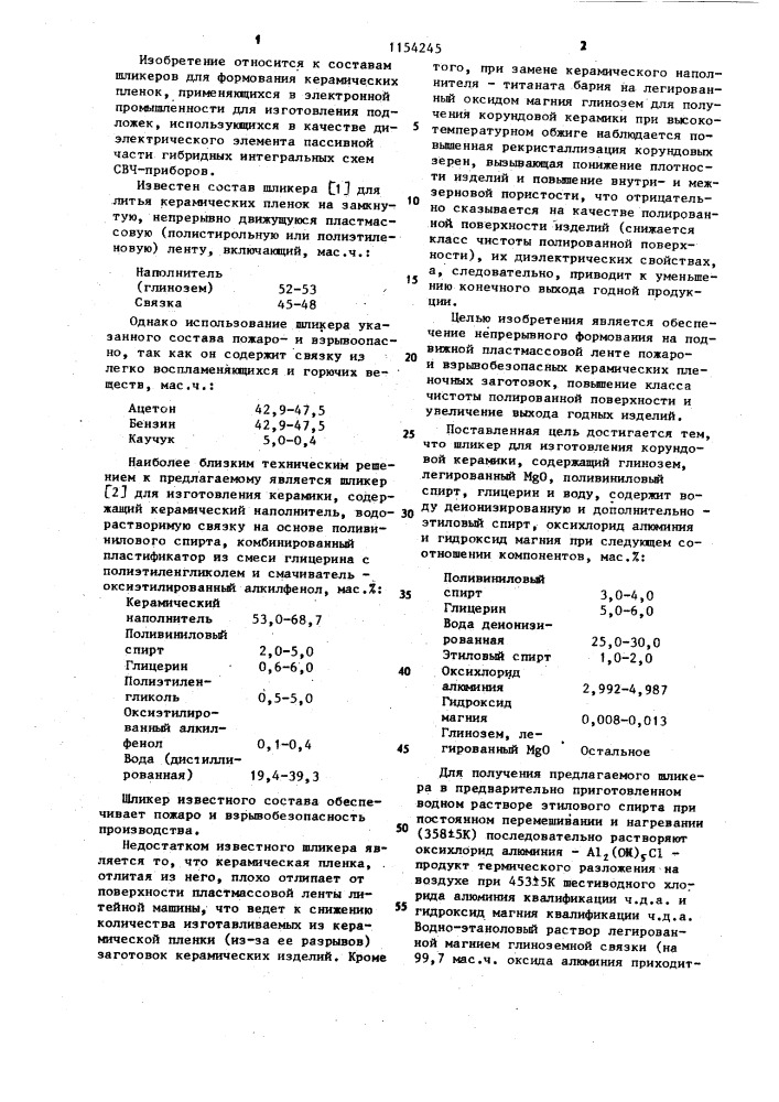 Шликер для изготовления корундовой керамики (патент 1154245)