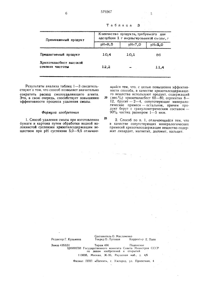Способ удаления смолы при изготовлении бумаги и картона (патент 579367)