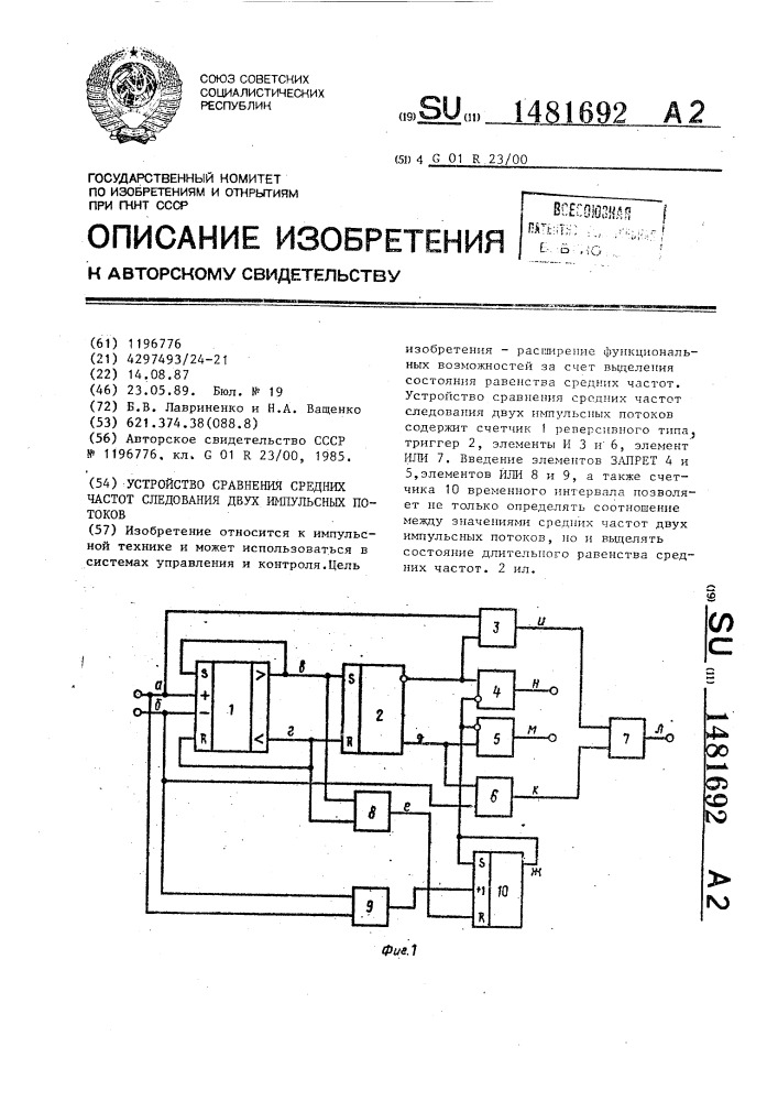 Устройство сравнения средних частот следования двух импульсных потоков (патент 1481692)