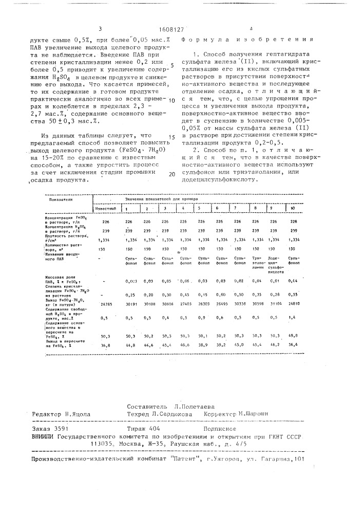 Способ получения гептагидрата сульфата железа (ii) (патент 1608127)
