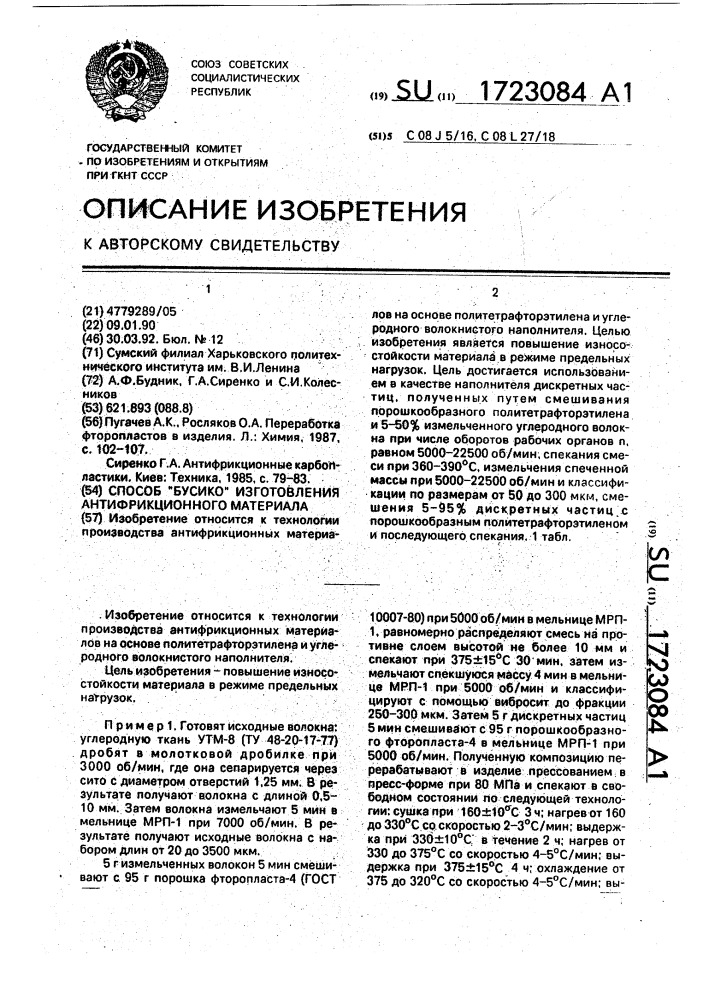 "способ "бусико" изготовления антифрикционного материала" (патент 1723084)