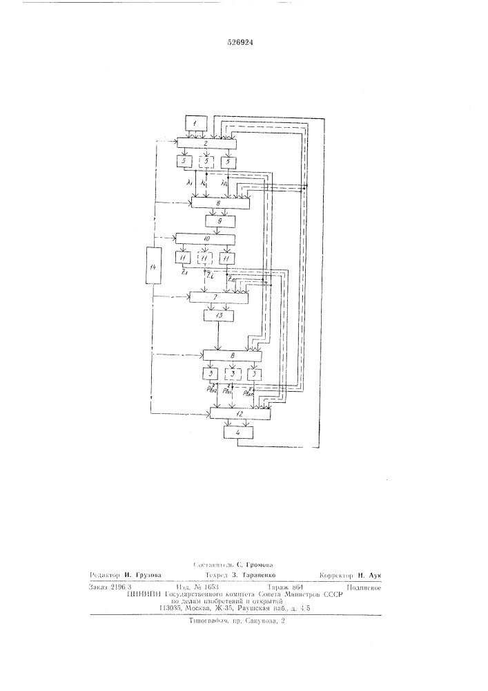 Устройство для моделирования оптимального распределения нагрузок между компрессорными станциями газопровода (патент 526924)