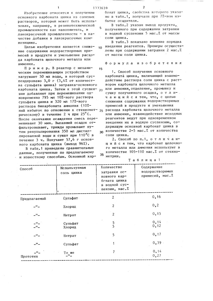 Способ получения основного карбоната цинка (патент 1333639)