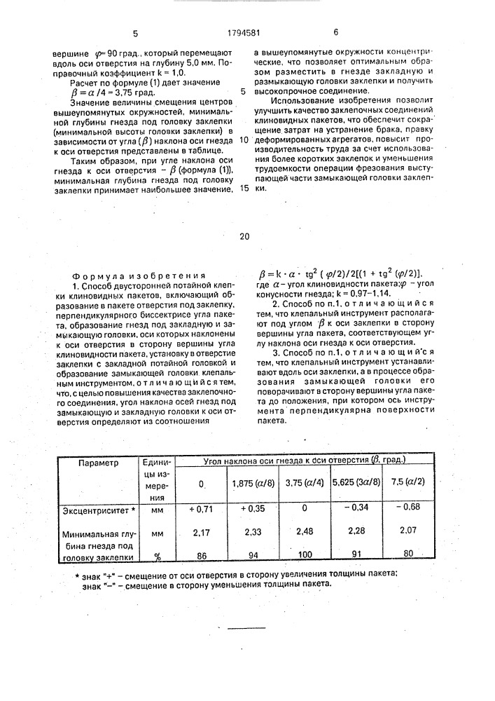 Способ двусторонней потайной клепки клиновидных пакетов (патент 1794581)