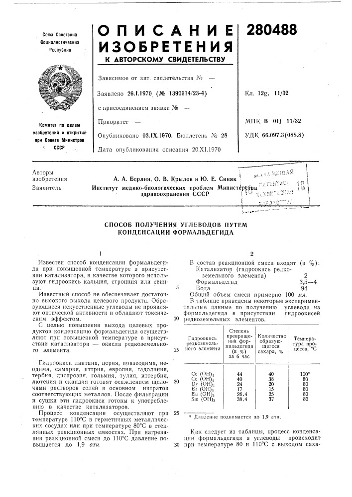 Способ получения углеводов путем конденсации формальдегида (патент 280488)